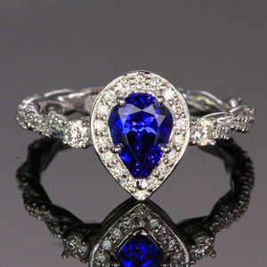 pear shaped tanzanite diamond halo ring