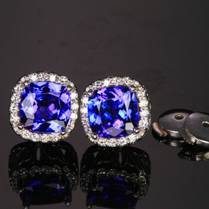 14k White Gold Tanzanite with Diamond Halo Stud Earrings 2.89 Carats