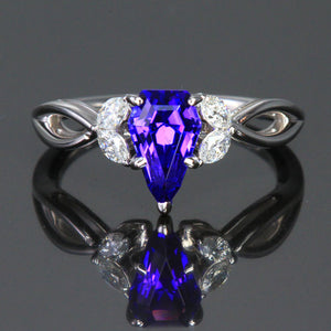 14K White Gold Kite Shape Tanzanite & Diamond Ring