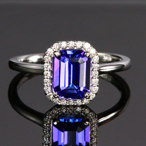 14K White Gold Emerald Cut Tanzanite and Dimaond Halo Ring 1.57 Carats