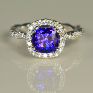 14K White Gold Square Cushion Tanzanite and Diamond Halo Ring 1.82 Carats Designed by Christopher Michael