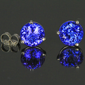 14K White Gold Round Brilliant Cut Tanzanite Stud Earrings 3.13 Carats 7mm