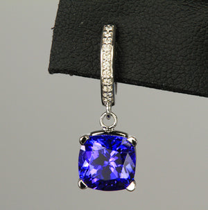 14k White Gold Square Cushion Tanzanite and Diamond Earrings 6.40 Carats