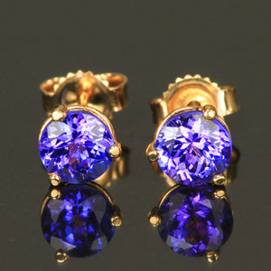 14K Yellow Gold Round Tanzanite Stud Earrings 1.29 Carats