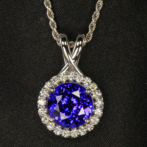14K White Gold Round Brilliant Tanzanite & Diamond Pendant 5.28 Carats