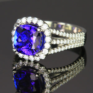 Platinum Square Cushion Tanzanite and Diamond Ring 3.33 Carats