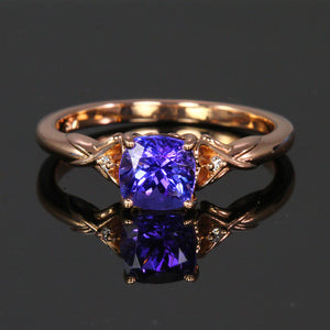 14K Rose Gold Sqaure Cushion Cut Tanzanite and Diamond Ring 1.18 Carats