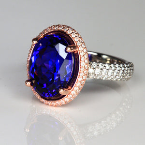 Large Platinum and 14k Rose Gold Oval Tanzanite Halo Ring 7.50 Carats