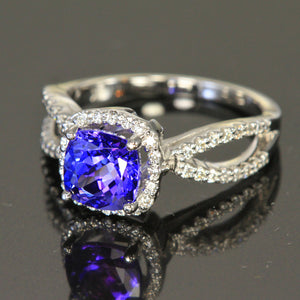14K White Gold Square Cushion Tanzanite Ring with Diamonds by Christopher Micahel  1.69 Carats