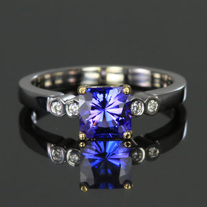 14K White Gold Square Barion Cut Tanzanite & Diamond Ring 1.09 Carats