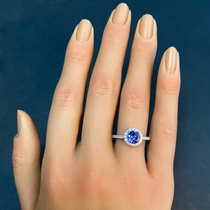 white gold tanzanite ring with diamonds