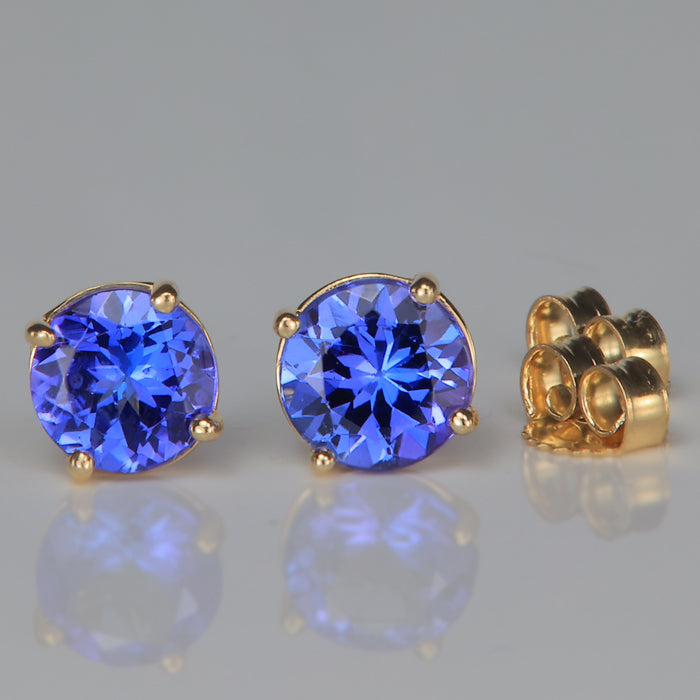Yellow gold round brilliant tanzanite gemstone stud earrings