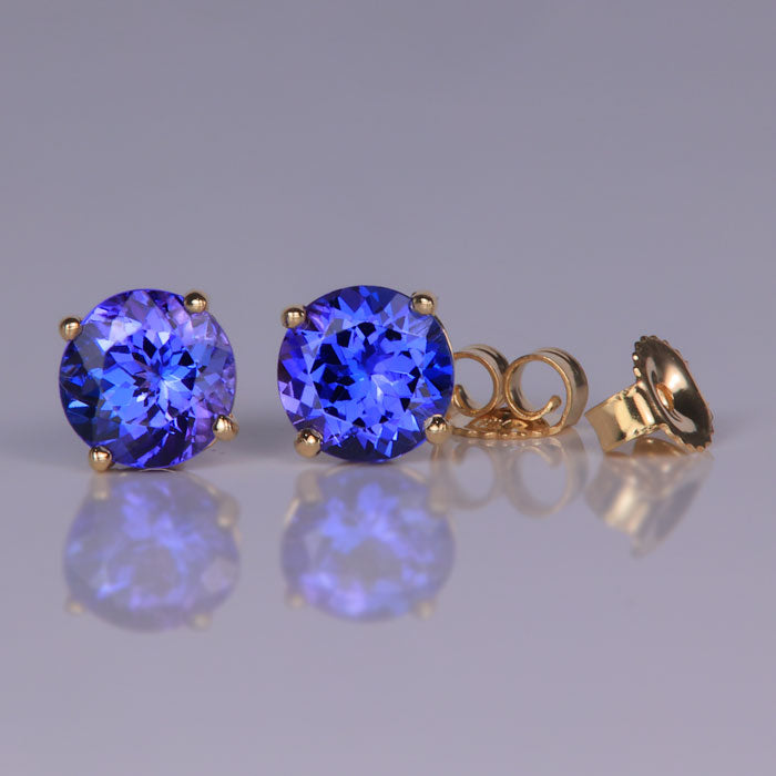 14K Yellow Gold Round Brilliant Tanzanite Studs 2.16ctw