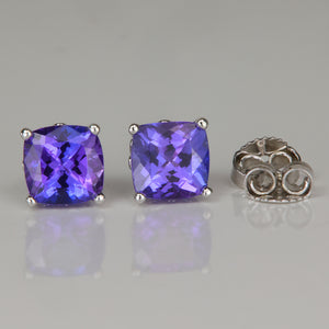 white gold square cushion cut tanzanite stud earrings