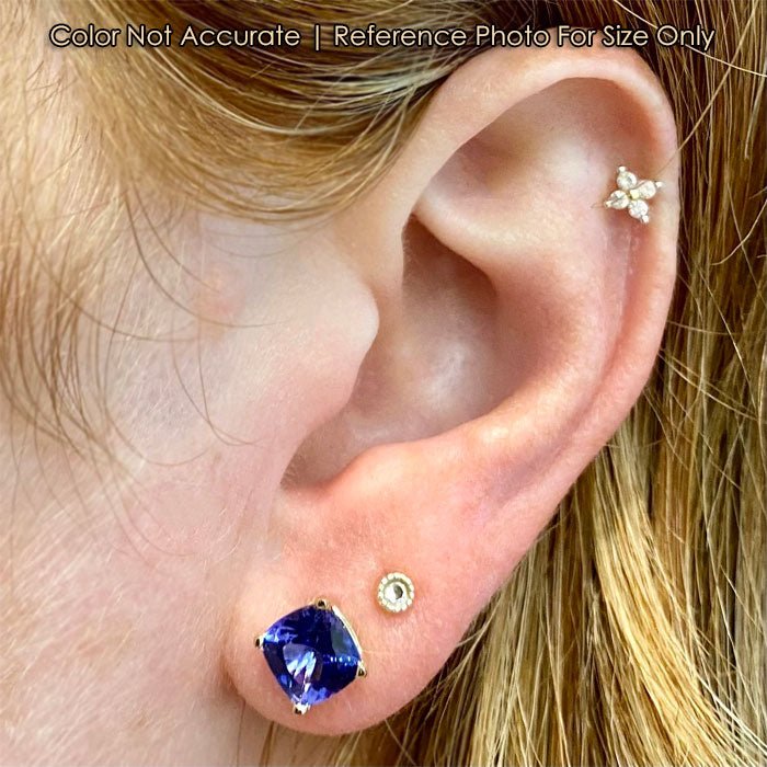 tanzanite earrings on ear in yellow gold