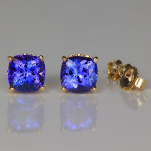 yellow gold studs with square cushion cut tanzanite gemstones 