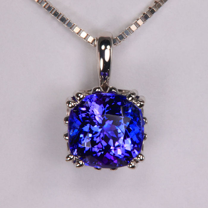 Cushion Tanzanite Pendant in white gold blue purple