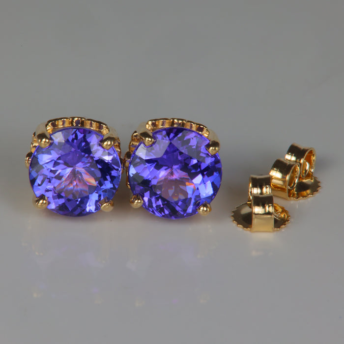 yellow gold round brilliant blue violet tanzanite stud earrings