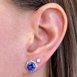 round brilliant tanzanite earrings diamond halo platinum