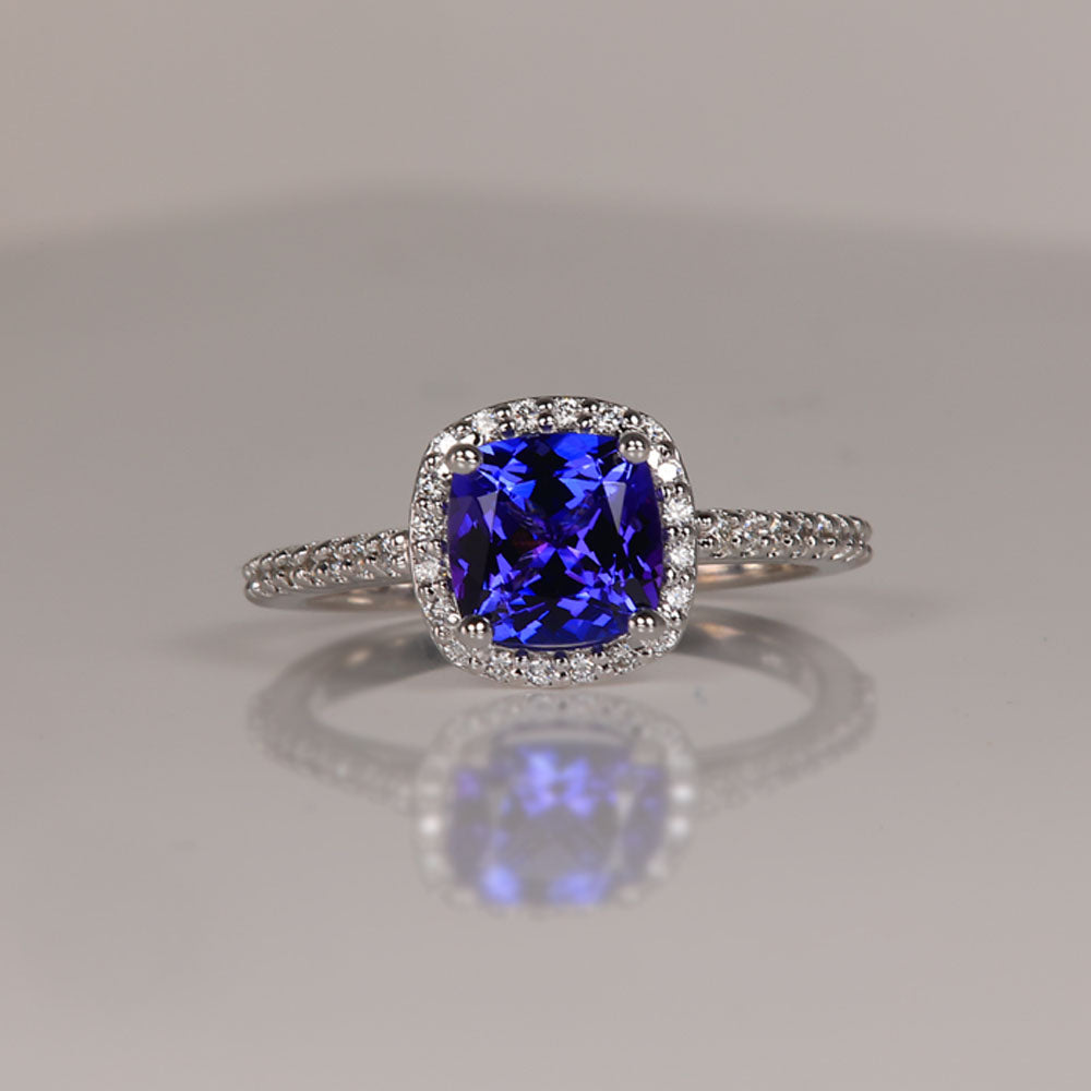 14K White Gold Square Cushion Tanzanite and Diamond Ring 1.73 Carats