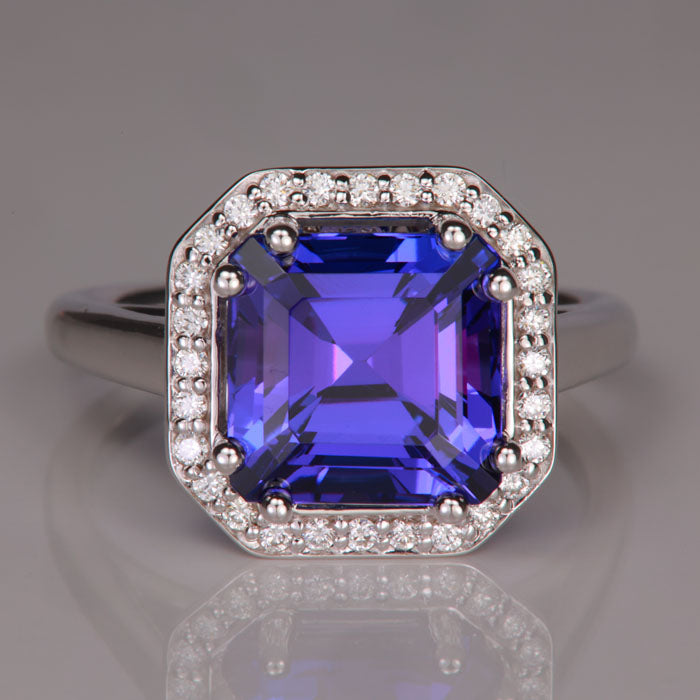 square step cut tanzanite ring in white gold with diamonds