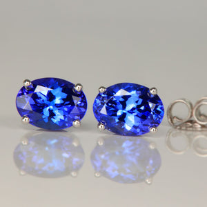 Blue Tanzanite Oval Earrings Studs in 14k White gold