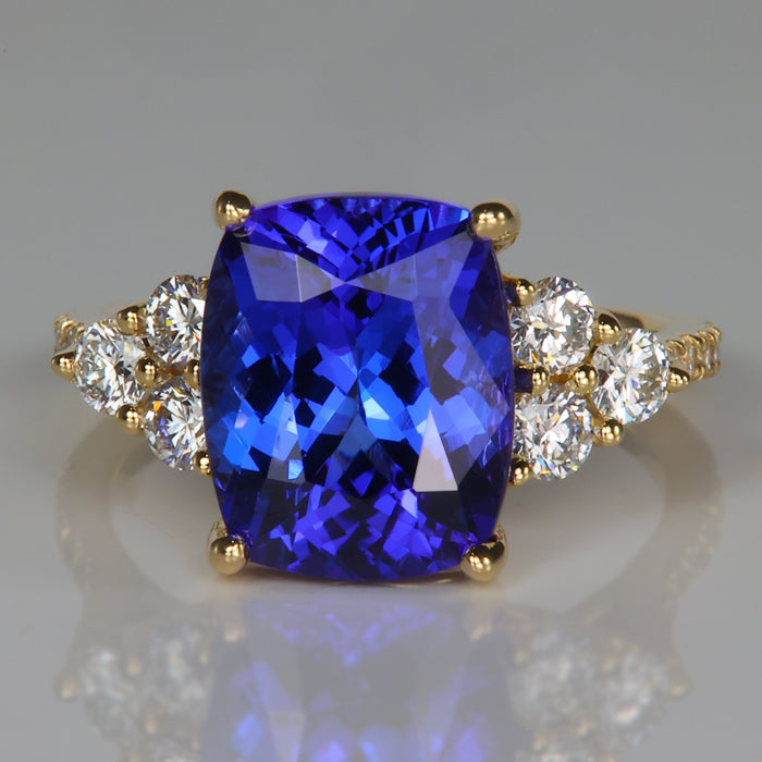 Yellow gold antique cushion cut rare tanzanite gemstone and diamond ring 