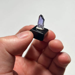 Hand holding a small tanzanite crystal on a black stand against a white background