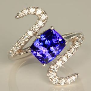Antique Cushion Custom Tanzanite Ring in White gold with diamonds