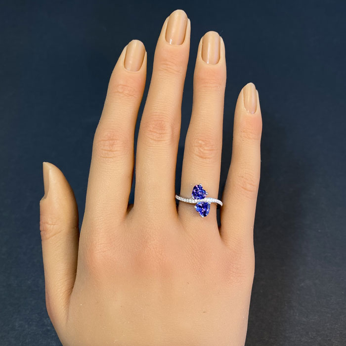 14K White Gold Double Heart Tanzanite and Diamond Ring 1.65 Carats Tanzanite Jewelry Designs