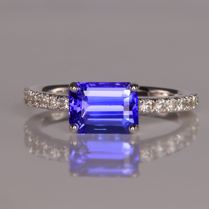 14K White Gold Emerald Cut Tanzanite Ring With Diamonds Carats