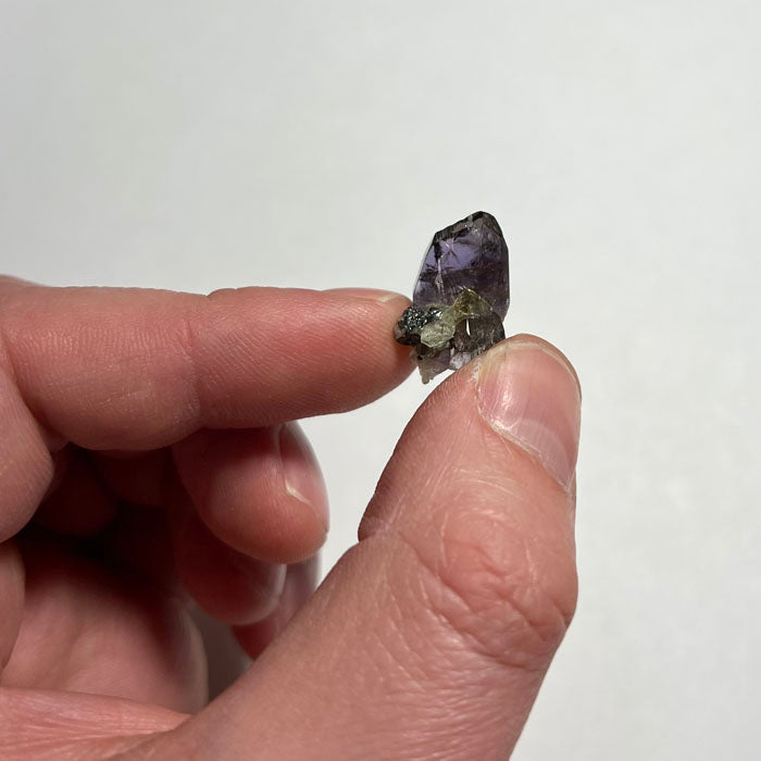 tanzanite crystal with diopside in hand