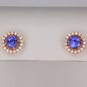 round tanzanite gemstone earrings in rose gold with diamond halo