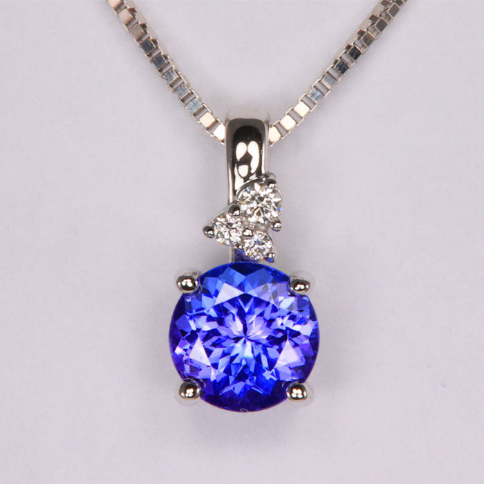 14K White Gold Round Brilliant Tanzanite Pendant with Diamonds Carats