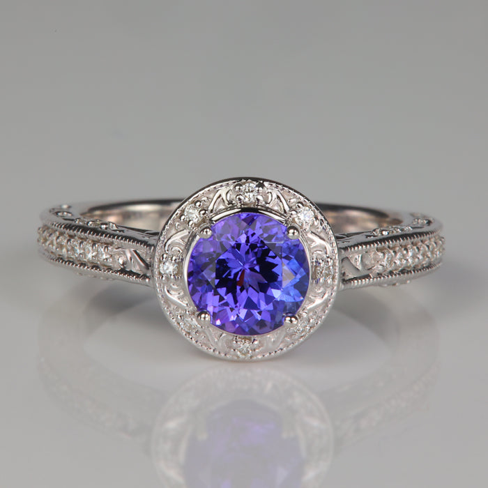 detailed tanzanite and diamond ring in white gold 