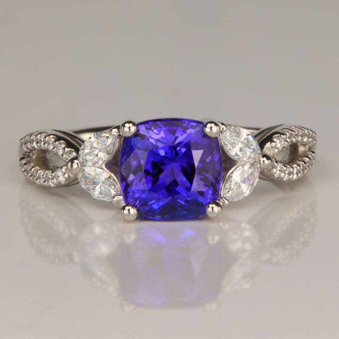 blue violet square cushion tanzanite and diamond ring in platinum