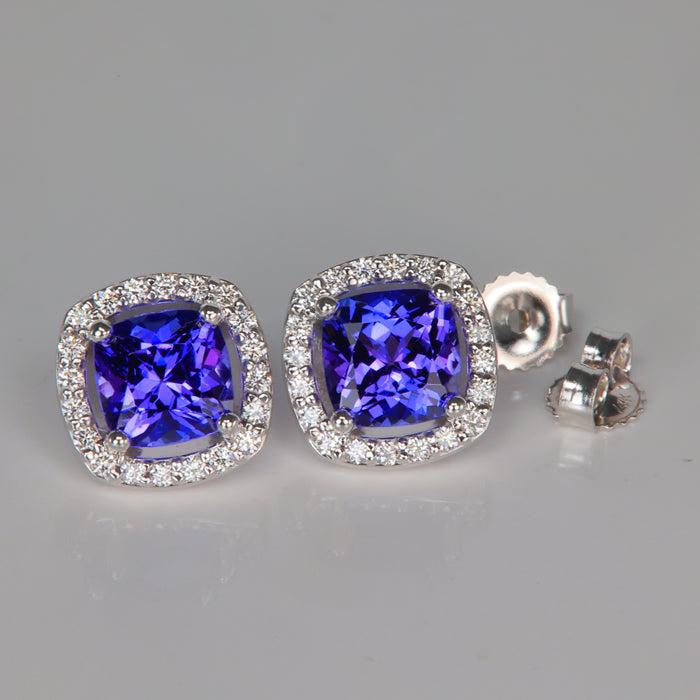 blue violet square cushion cut tanzanite gemstone studs with diamond halo