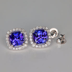 blue violet square cushion cut tanzanite gemstone studs with diamond halo