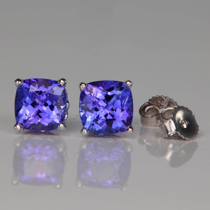 square cushion cut tanzanite mostly violet gemstone stud earrings in white gold