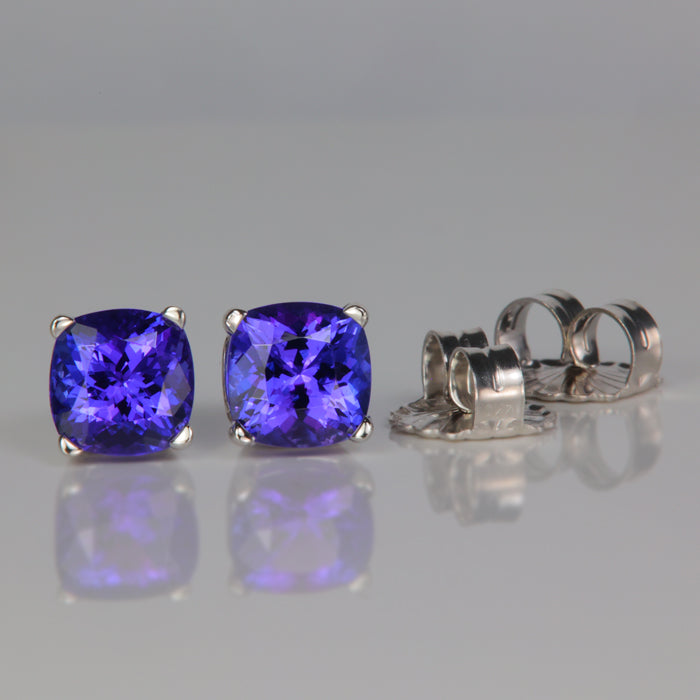blue violet square cushion cut tanzanite gemstone earrings white gold
