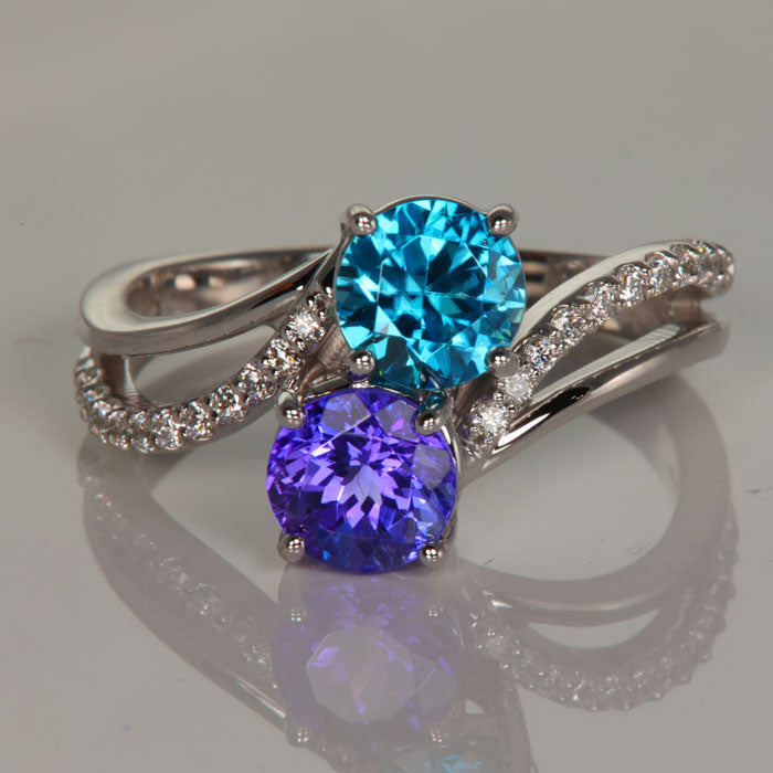 Tanzanite Round White Gold Ring with Blue Zircon Gemstone and Diamonds