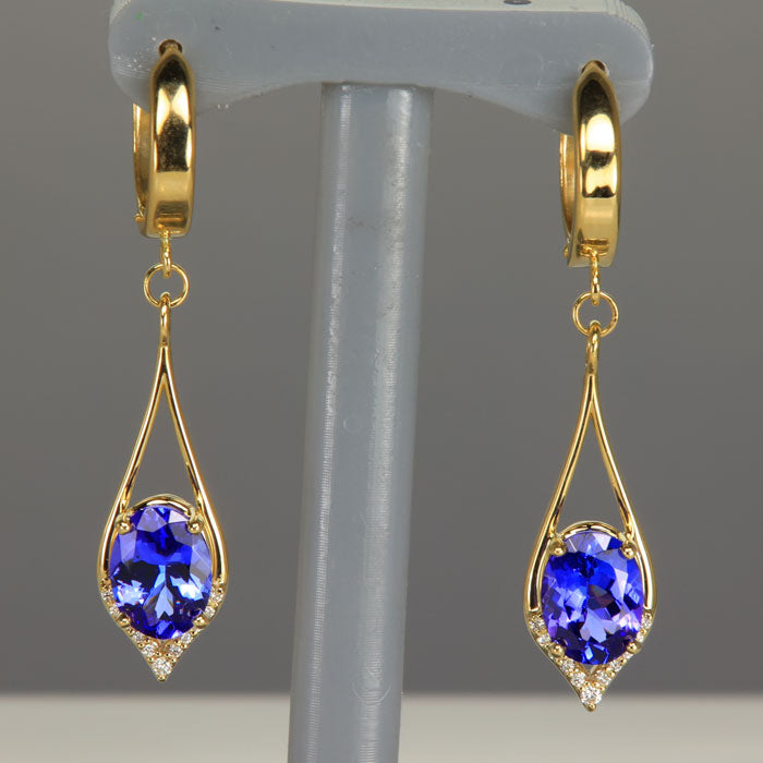 Yellow Gold Oval Tanzanite Drop Earrings Lever back with diamonds