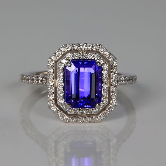 tanzanite ring double halo white gold diamonds