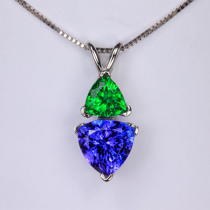 trilliant cut tanzanite chrome tourmaline gemstones white gold pendant