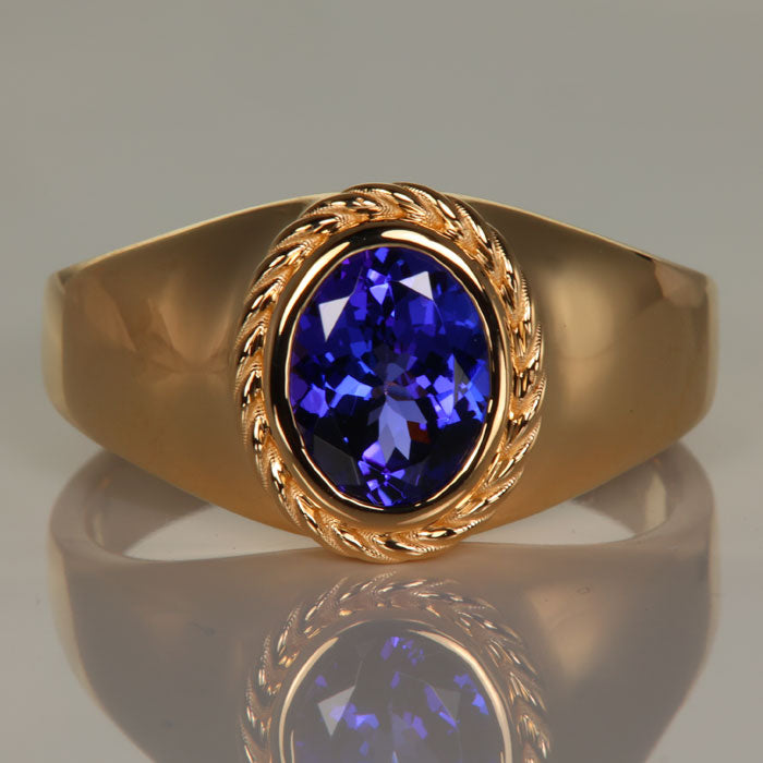 Oval Tanzanite Ring in 14k Yellow Gold Bezel Set Rope 