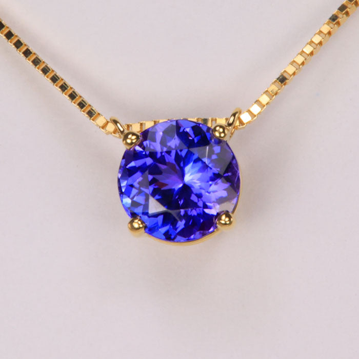 round cut tanzanite gemstone necklace yellow gold box link chain