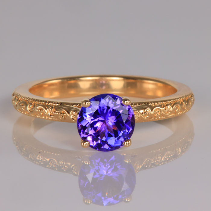 14K Yellow Gold and Round Brilliant Tanzanite Ring