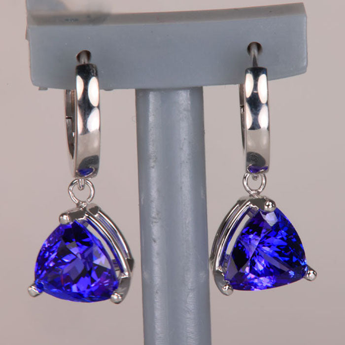 trilliant cut tanzanite huggie hoop earrings white gold