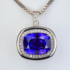 antique cushion cut tanzanite and diamond pendant in white gold
