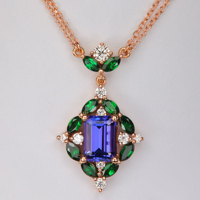 rose gold double cable link necklace with tanzanite tsavorite and diamond gemstones 